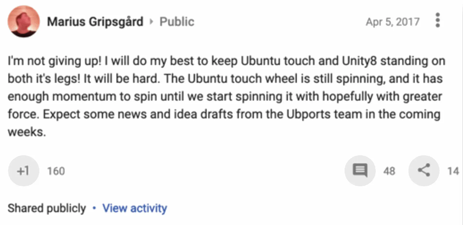 Marius Gripsgård statement on UBports formation